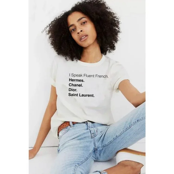 NEW White Fashion Designer Logo I Speak French Graphic Tee 100% Cotton T Shirt - Picture 3 of 5
